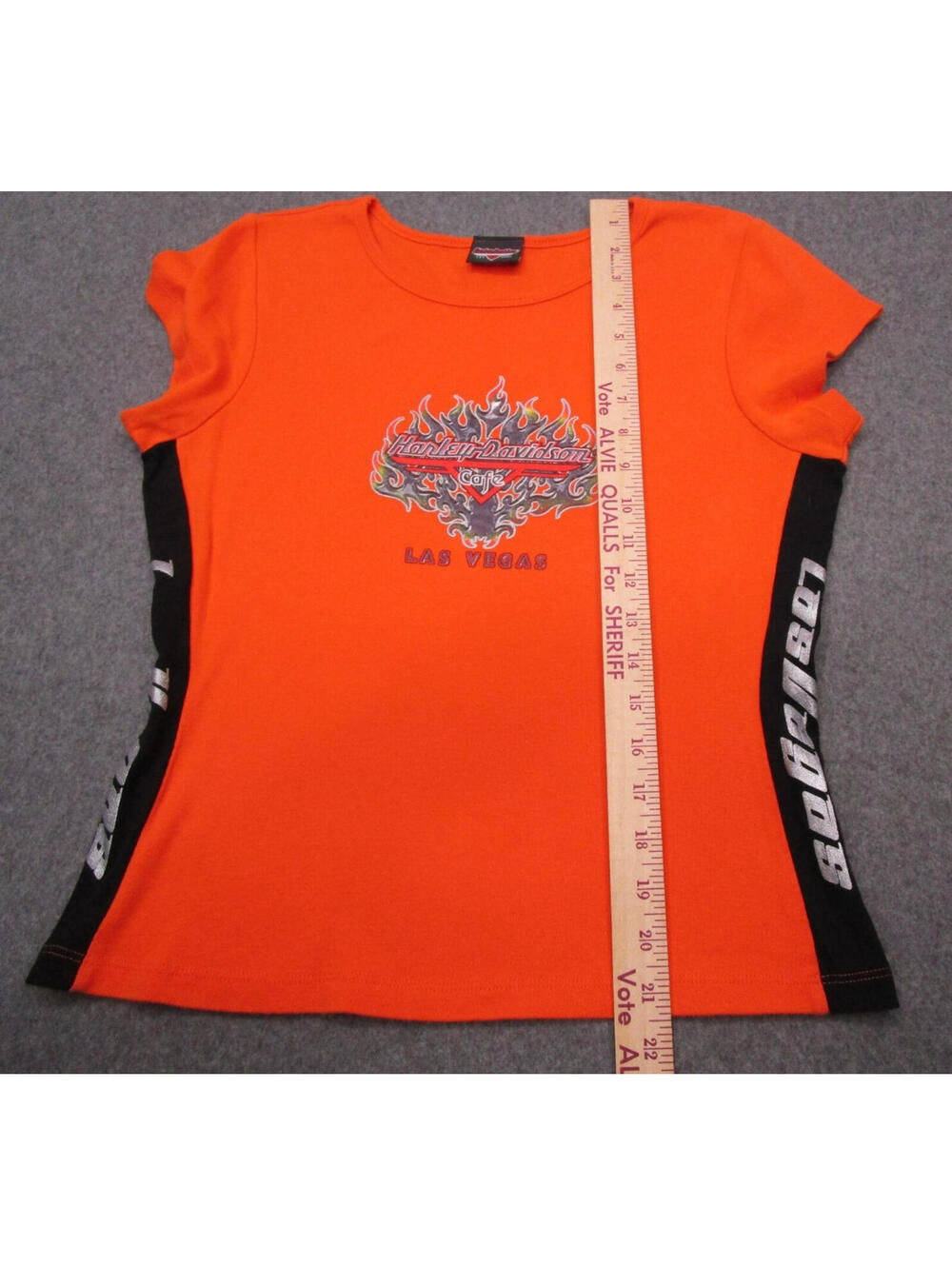 Harley Davidson Wmn's Shirt Size XL Late Vintage 90'S  Orange Black Side Insert - Picture 7 of 9